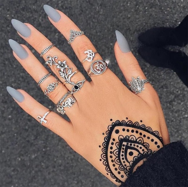 Bohemian Silver Ring Set /12pcs