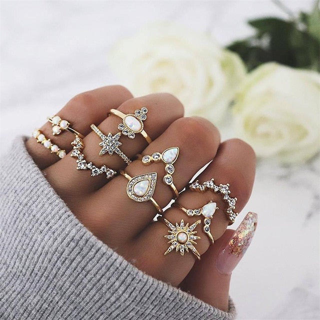 Bohemian Gold Ring Set /10pcs